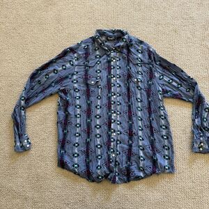 Wrangler Shirt Mens 2XL Blue Aztec Long Sleeve Snap Button Front Western Retro